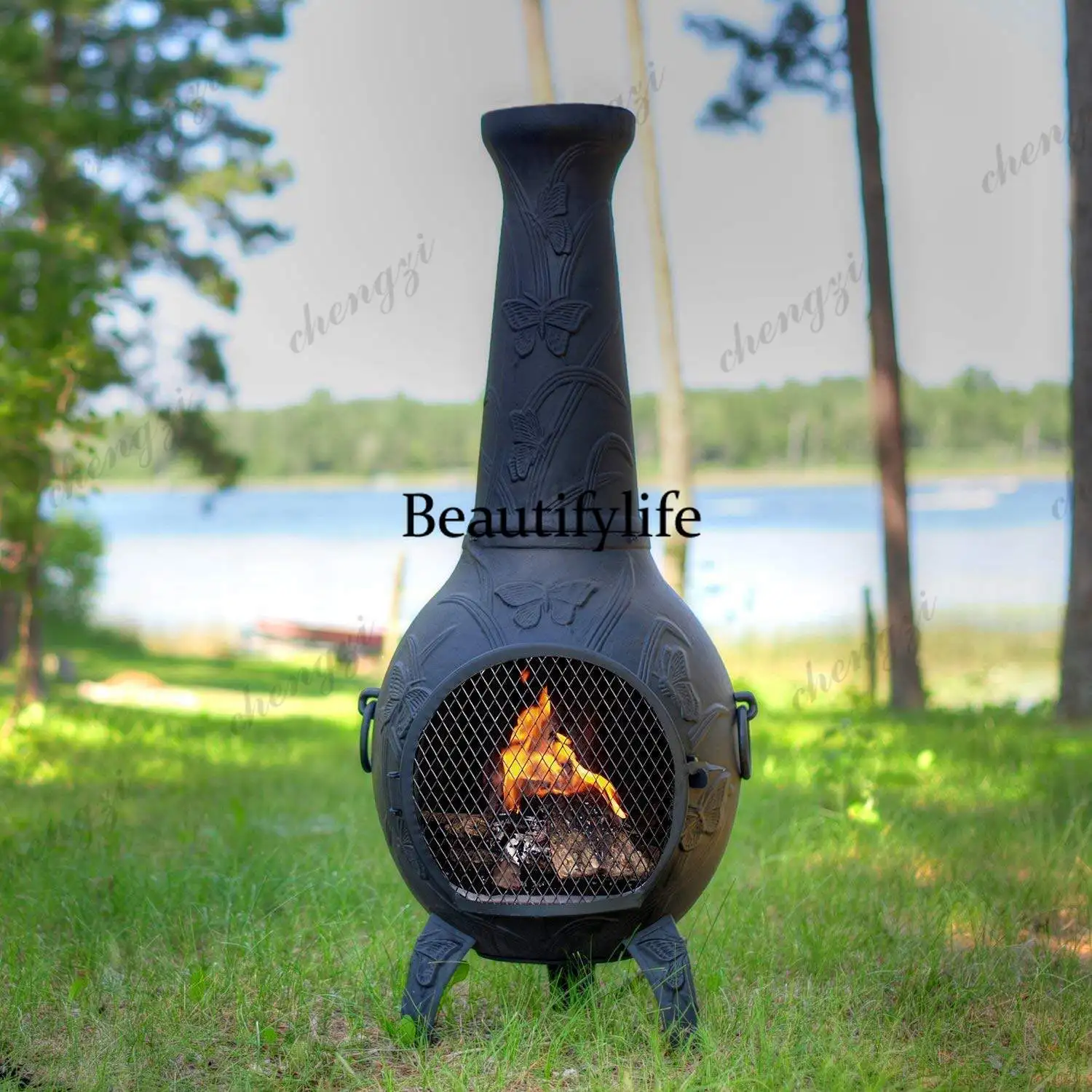 Outdoor cast iron heating stove, cast iron fireplace, real fire wood burning, garden vertical oven