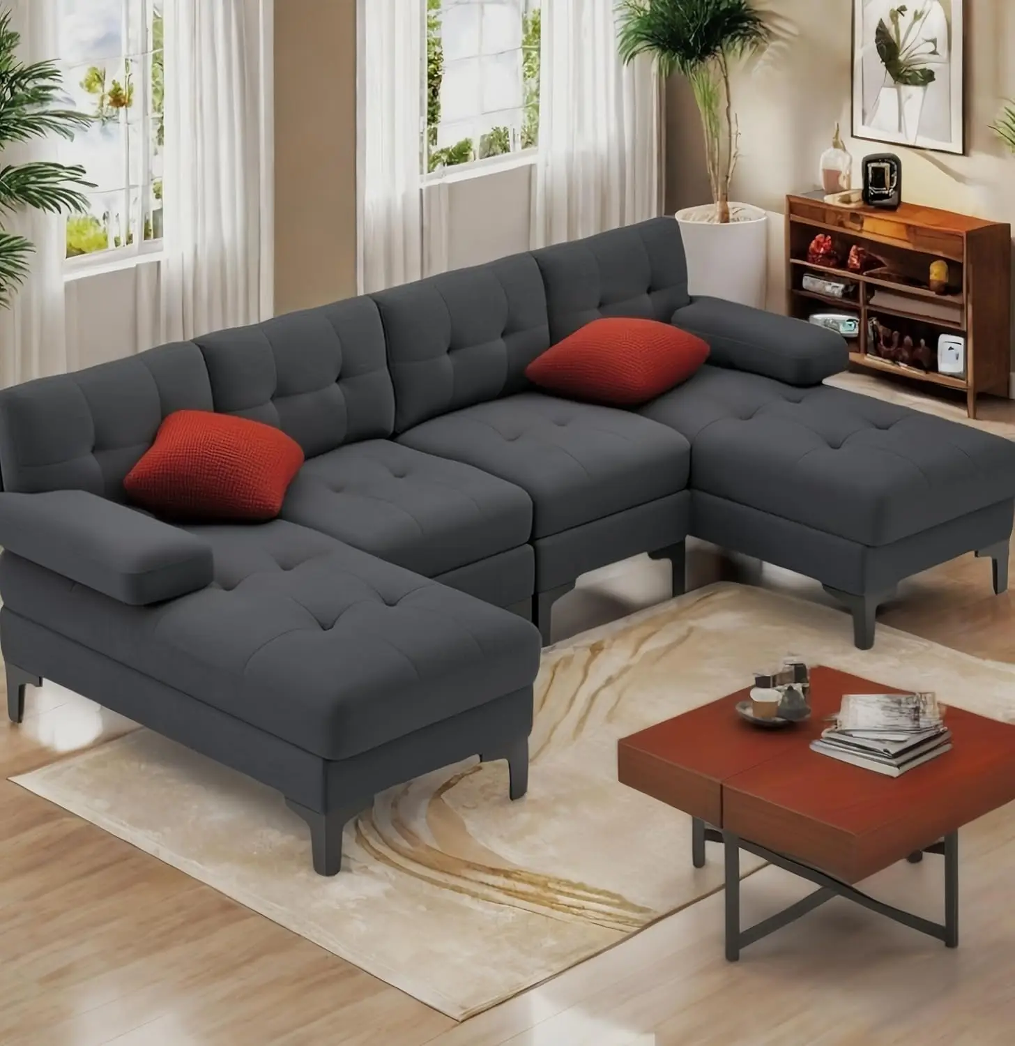 

Sectional Couches for Living Room, U-Shaped Sofa Couch with Linen Fabric, 4 Seat Sofa Set with Double Chaise for Apartment