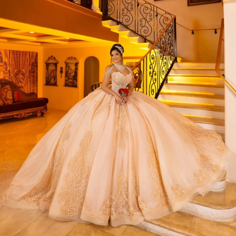 

Light Champagne Quinceanera Dresses Off the Shoulder Glitter Crystal Decal Long tail Bow Vestido De 15 Quinceanera Customize