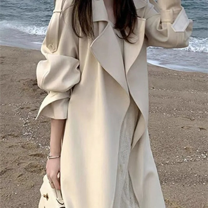 

Retro Beige Sense Coat New Loose Casual Mid-Length Trench Women's Small