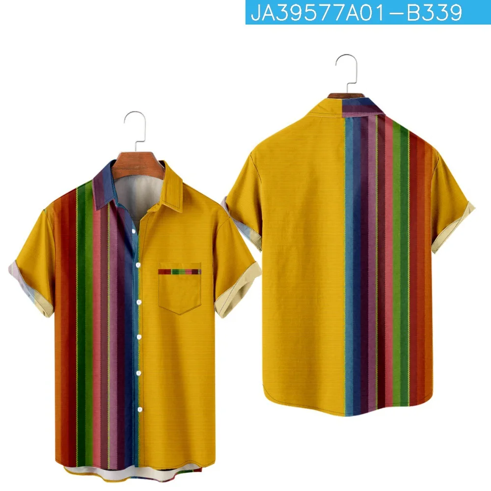 

Hawaiian Beach Shirts Streetwear Men Striped Patchwork Print Shirt Short Sleeve Tops Blouse Clothes