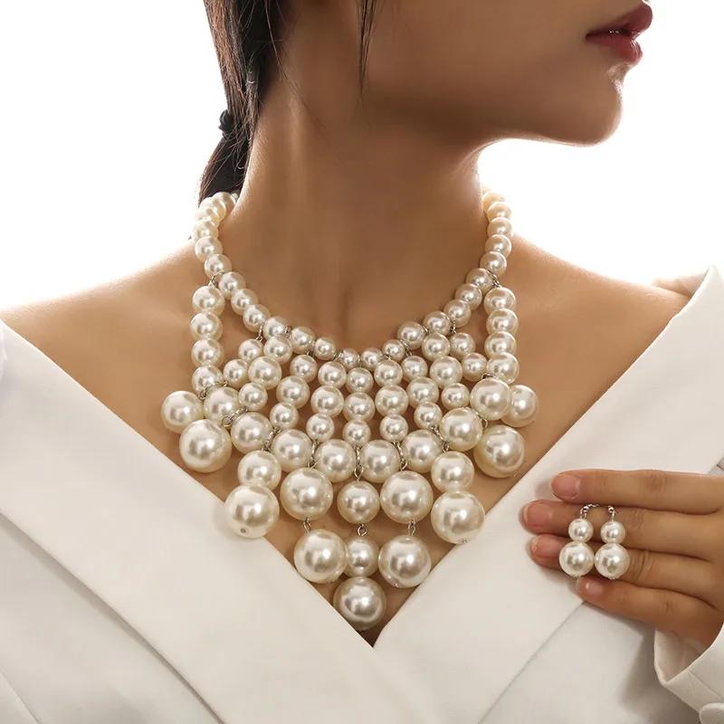 Kymyad Ethnic Style Handmade Jewelry Sets Simulated Pearl Tassel Chains Necklace Earrings Set For Women Bijoux Statement Collar