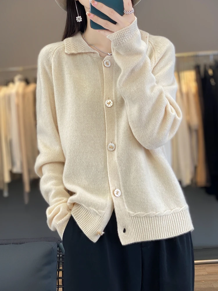 2024 Autumn Winter Women Sweater 100% Merino Wool Classic Knitted Cardigan Long Sleeve Cashmere Outerwears Office Lady Jacket