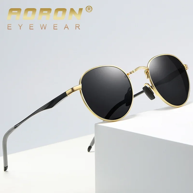 

AORON Retro Polarized Sunglasses Round Sun Glasses Men Women Mirror Reflective Metal Frame Aluminum Legs Men Sunglasses A553