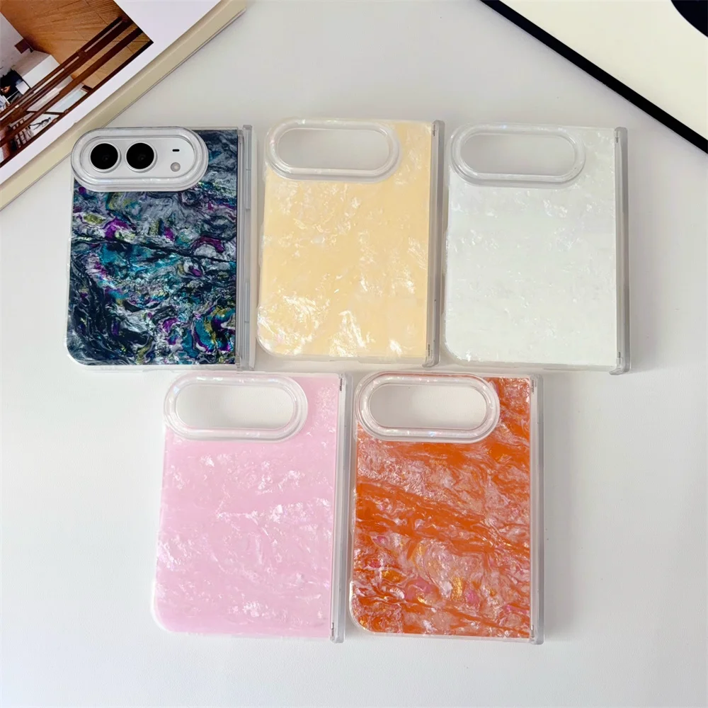 Kawaii Shell Texture Foldable Phone Case For iPhone Duo Marble Glitter Soft TPU Anti Drop Hinge Camera Lens Protection Cover