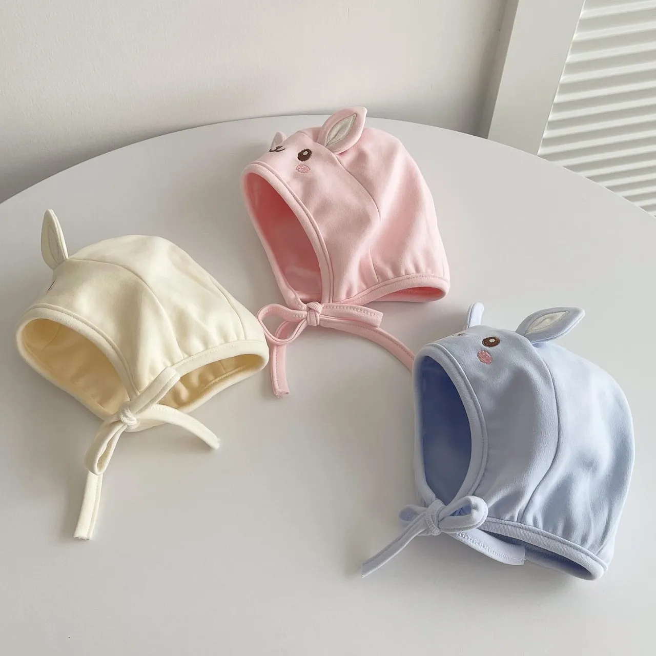 

Cute Rabbit Ear Protection Hat for Baby Warm Pullover Cap Spring Autumn Newborn Fetal Hats 0-4Month Kids Lace Up Headgear Beanie