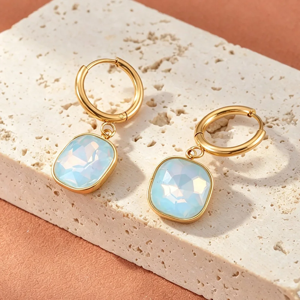 Lokaer Stainless Steel Blue Pink Square Crystal Hoop Earrings for Women Gold Plated Y2K Candy Fashion Waterproof Jewelry E26154