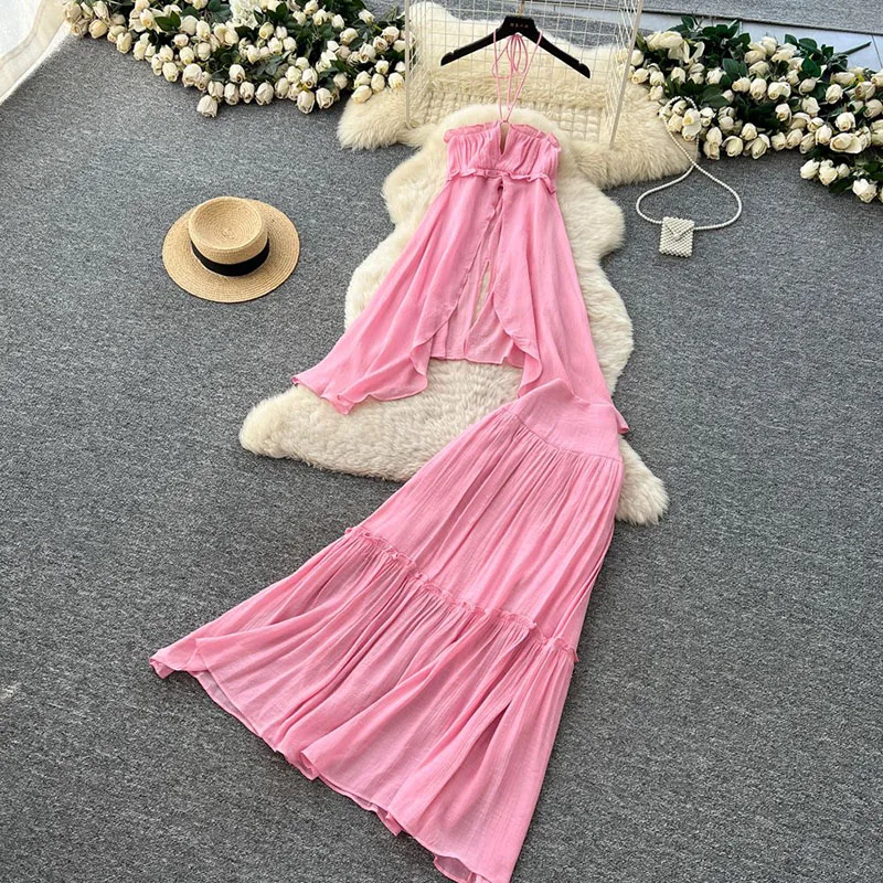 

Женские комплекты для пляжного отдыха, бретелька с открытой спиной и разрезом на шее + эластичная длинная юбка с оборками, струящиеся сексуальные летние комплекты из 2 предметов