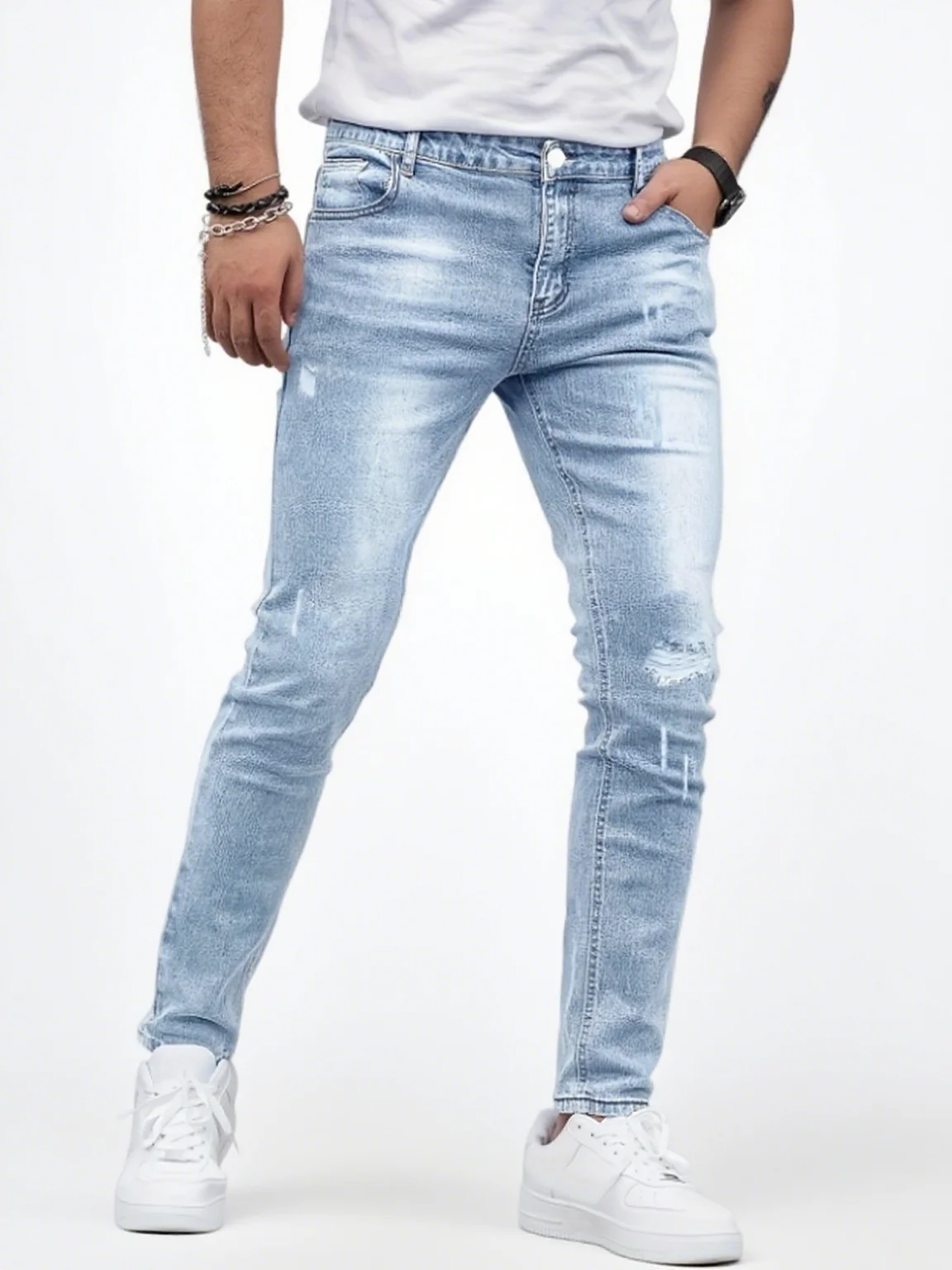 

Men's Slim-Fit Distressed Stretch Jeans - Casual Street Style, Blue Seasonal Transition Style | Anti-Wrinkle & Breathable