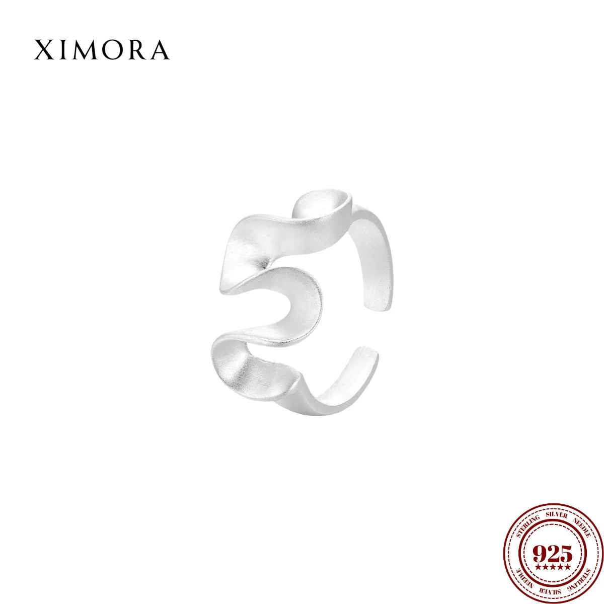 

XIMORA S925 Sterling Silver Wavy Skirted Asymmetric Ring Minimalist Brushed Lace Open Band Ring 반지 anillos бижутерия женская