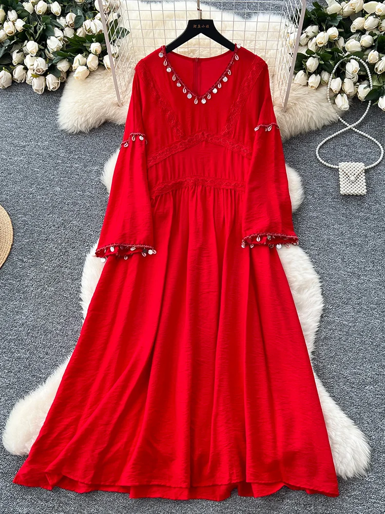 Dames zomerjurk vintage etnische stijl kant patchwork uitlopende mouwen losse afslanken casual effen kleur lange vestidos DS163