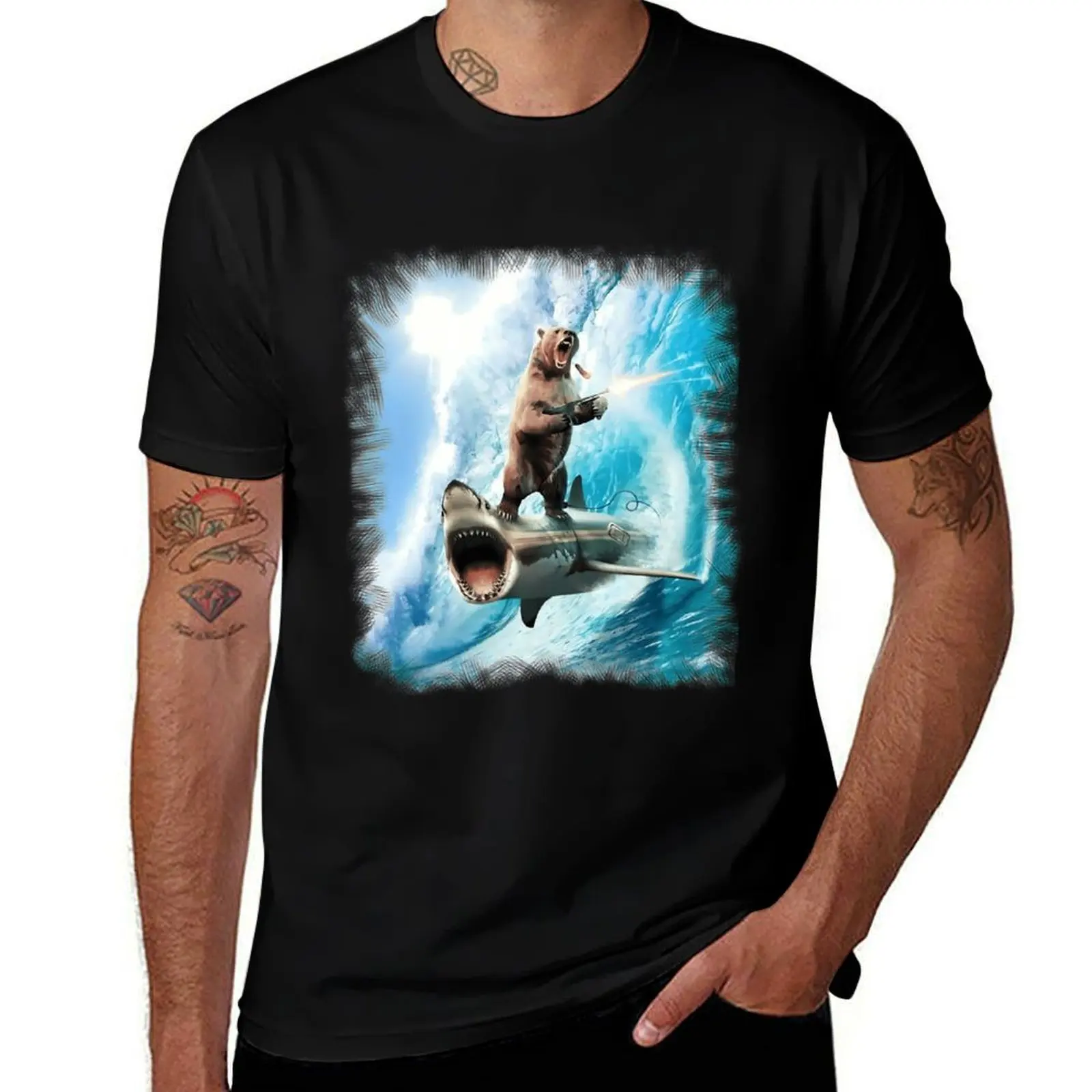 

Bear Surfing On Shark \t T-Shirt Athletic Fit Sports Short Sleeve Top