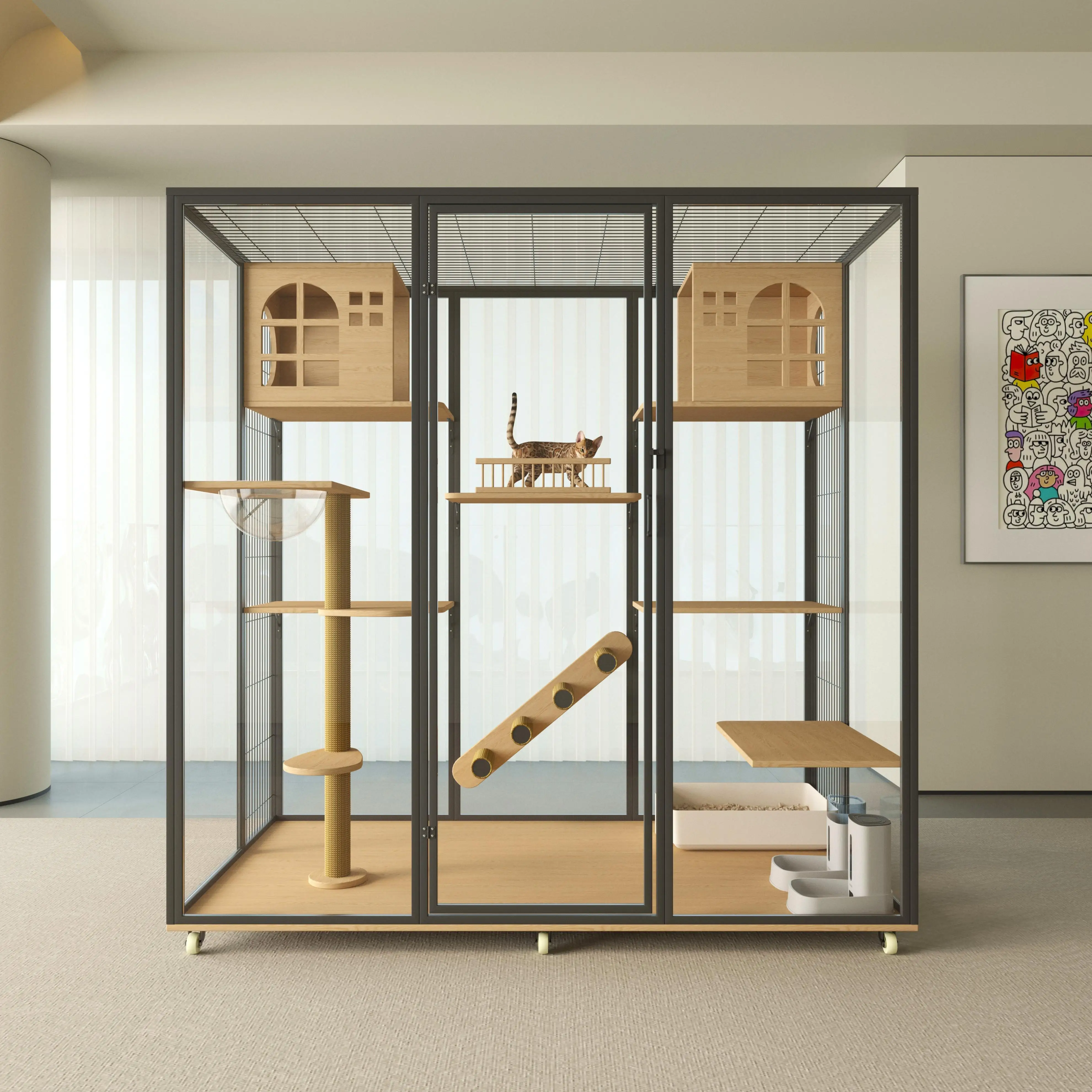 Solid Wood Metal Multi-Story Cat Villa Animal Design Interiors Mobile Pet Cage for Cats Pet Furniture Dogs Iron Living