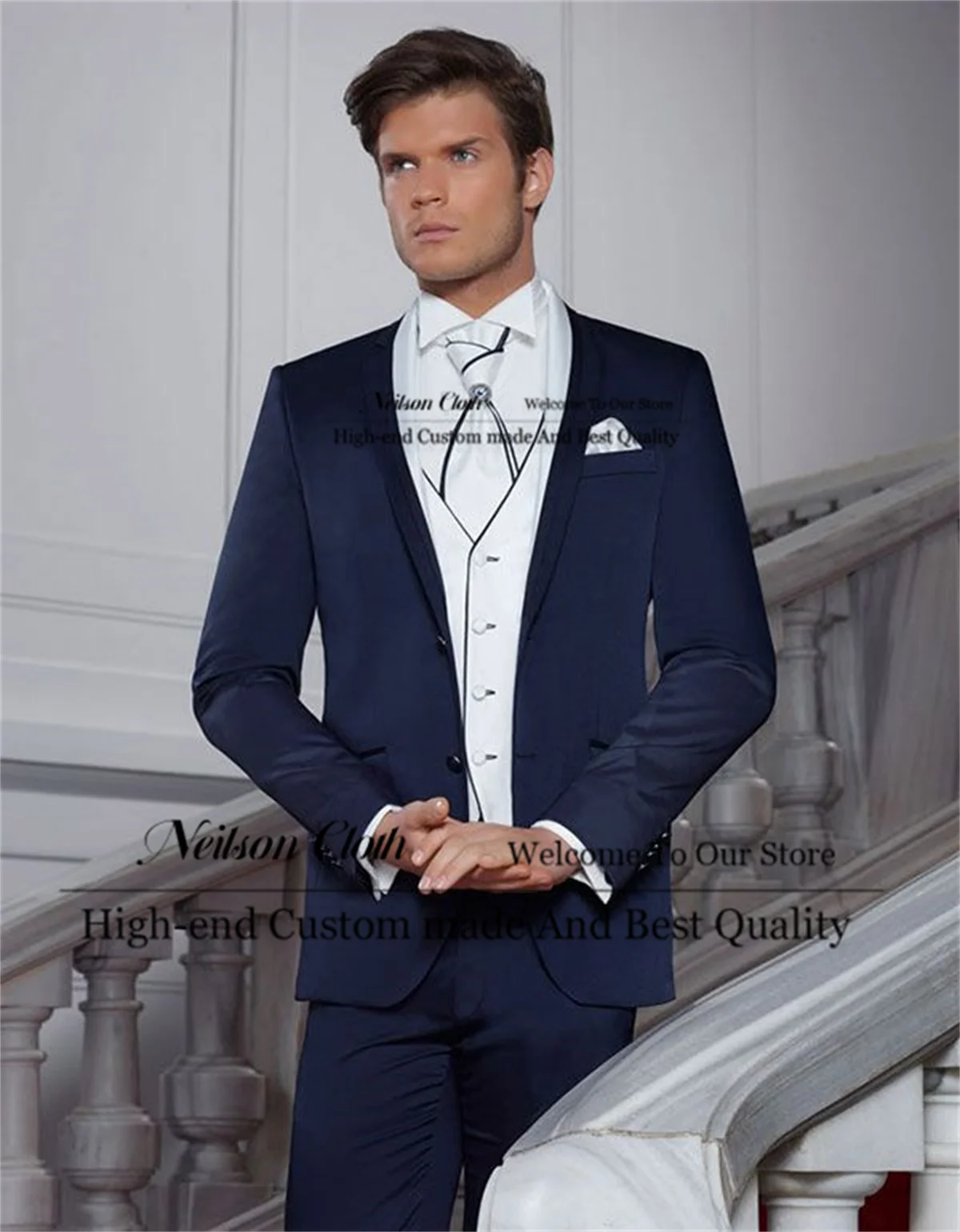 

Formal Dark Blue Male Prom Blazers Shawl Lapel 3 Pieces Sets Groom Wedding Tuxedos Customized Single Breasted Terno Masculino