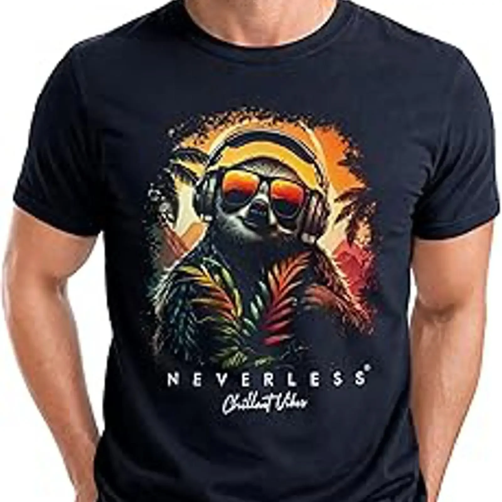 Neverless Herren-T-Shirt mit Musik-DJ-Chill-Sloth-Print, Relax, Sommermode, Street-Style, Vintage, gewaschen, stilvoll