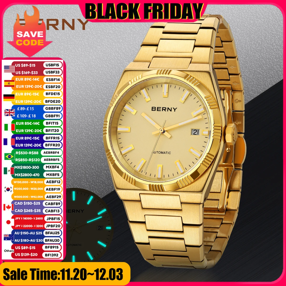 BERNY Π°Π²ΡΠΎΠΌΠ°ΡΠΈΡΠ΅ΡΠΊΠΈΠ΅ Π·ΠΎΠ»ΠΎΡΡΠ΅ ΠΌΡΠΆΡΠΊΠΈΠ΅ ΡΠ°ΡΡ Ρ ΡΠ°ΠΏΡΠΈΡΠΎΠ²ΡΠΌ ΡΡΠ΅ΠΊΠ»ΠΎΠΌ, ΡΠ²Π΅ΡΡΡΠΈΠ΅ΡΡ ΡΠ°ΡΡ PT5000, ΡΠΎΡΠΊΠΎΡΠ½ΡΠ΅ ΡΠ°ΡΡ Ρ AR-ΠΏΠΎΠΊΡΡΡΠΈΠ΅ΠΌ ΡΠΎ ΡΠΌΠ΅Π½Π½ΡΠΌ Π±Π΅Π·Π΅Π»Π΅ΠΌ, 5ATM, ΡΠ°ΡΡ Π΄Π»Ρ ΠΌΡΠΆΡΠΈΠ½ BERNY Π°Π²ΡΠΎΠΌΠ°ΡΠΈΡΠ΅ΡΠΊΠΈΠ΅ Π·ΠΎΠ»ΠΎΡΡΠ΅ ΠΌΡΠΆΡΠΊΠΈΠ΅ ΡΠ°ΡΡ Ρ ΡΠ°ΠΏΡΠΈΡΠΎΠ²ΡΠΌ ΡΡΠ΅ΠΊΠ»ΠΎΠΌ, ΡΠ²Π΅ΡΡΡΠΈΠ΅ΡΡ ΡΠ°ΡΡ PT5000, ΡΠΎΡΠΊΠΎΡΠ½ΡΠ΅ ΡΠ°ΡΡ Ρ AR-ΠΏΠΎΠΊΡΡΡΠΈΠ΅ΠΌ ΡΠΎ ΡΠΌΠ΅Π½Π½ΡΠΌ Π±Π΅Π·Π΅Π»Π΅ΠΌ, 5ATM, ΡΠ°ΡΡ Π΄Π»Ρ ΠΌΡΠΆΡΠΈΠ½