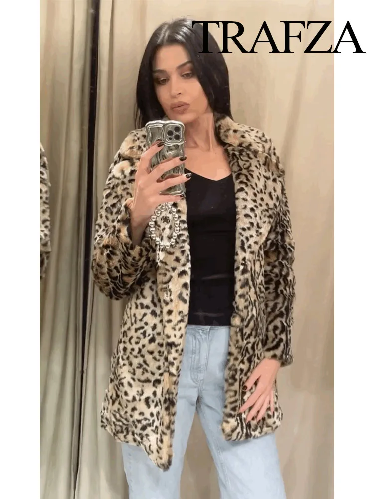 TRAFZA Women Winter Chic Leopard Turn Down Collar Single Breasted Long Sleeve Jacket Female Warm Faux Fur Effect Long Coat Mujer