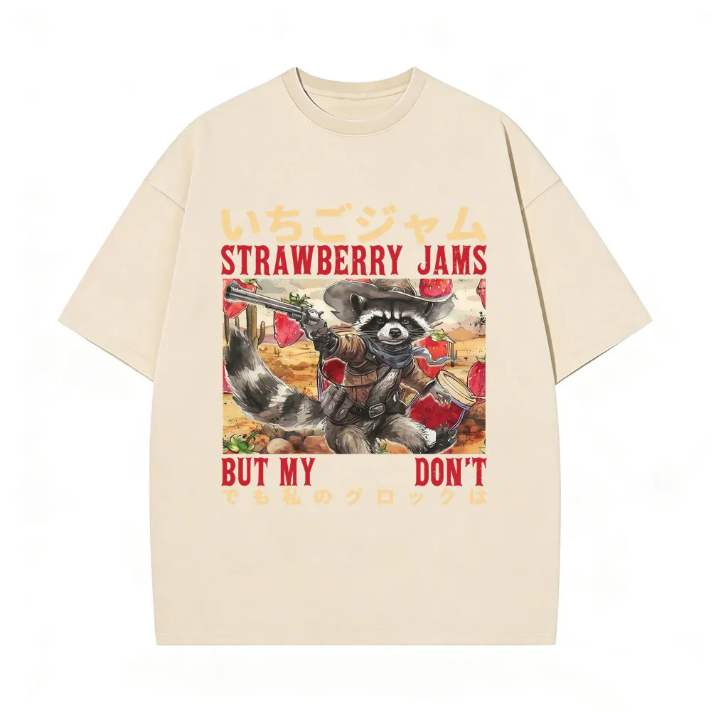 

Strawberry Jams But My Don't T Shirt Funny Japanese Style Raccoon Vintage Washed T-shirt Men Women Casual Cotton T-shirts Tops