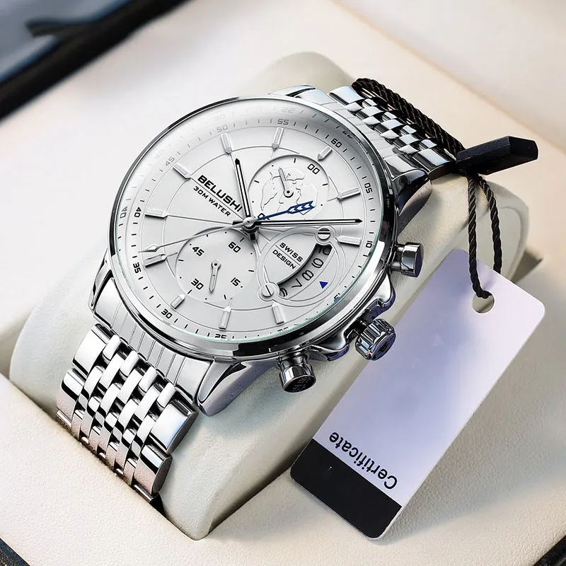 BELUSHI Fashion Quartz Watch three-eye chronograph Business Watch Waterproof Wristwatches Male Clock reloj hombre New