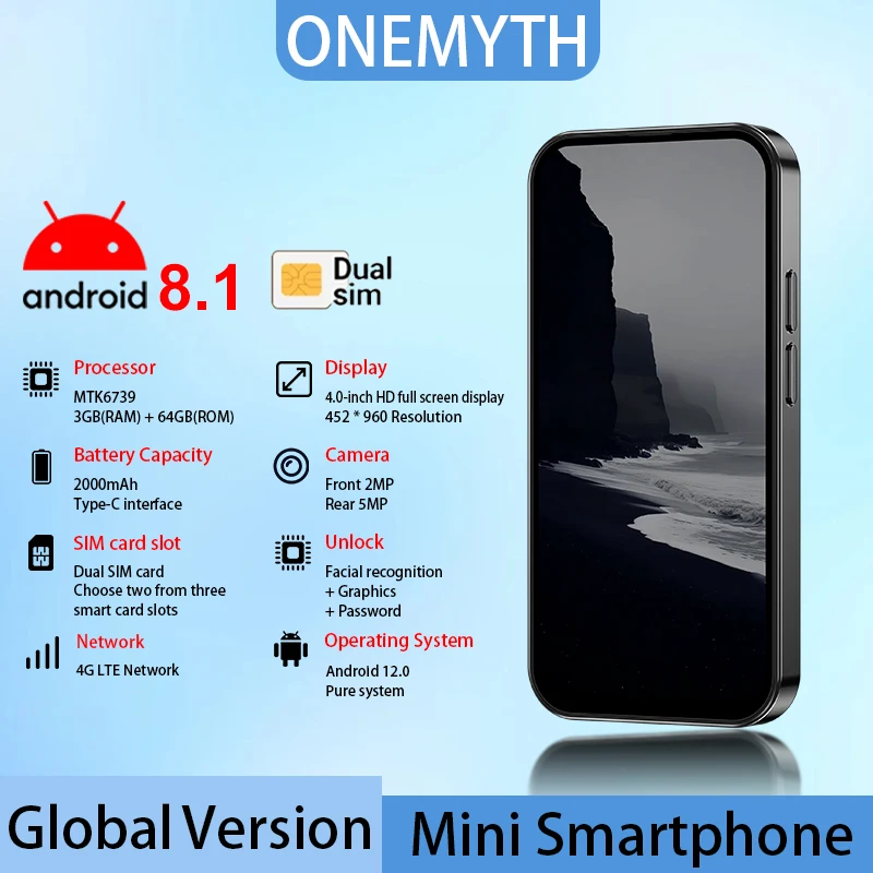 ONEMYTH M17 Pro 4G Android 12 Mini Phone -4.0 inches, 2+16GB/3+64GB, compact pocket phone, lightweight and portable smartphone
