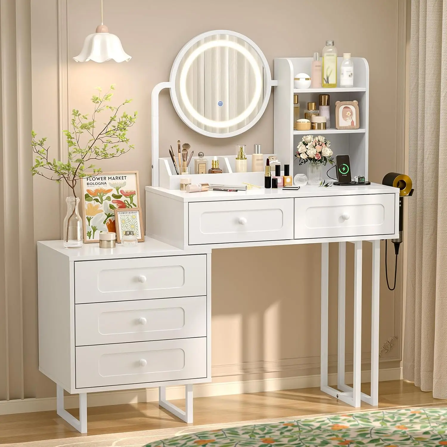 

Vanity Nightstand Combo, Makeup Vanity Table with Round Mirror and Adjustable Lights, Built-in Power Outlets & Hairdryer