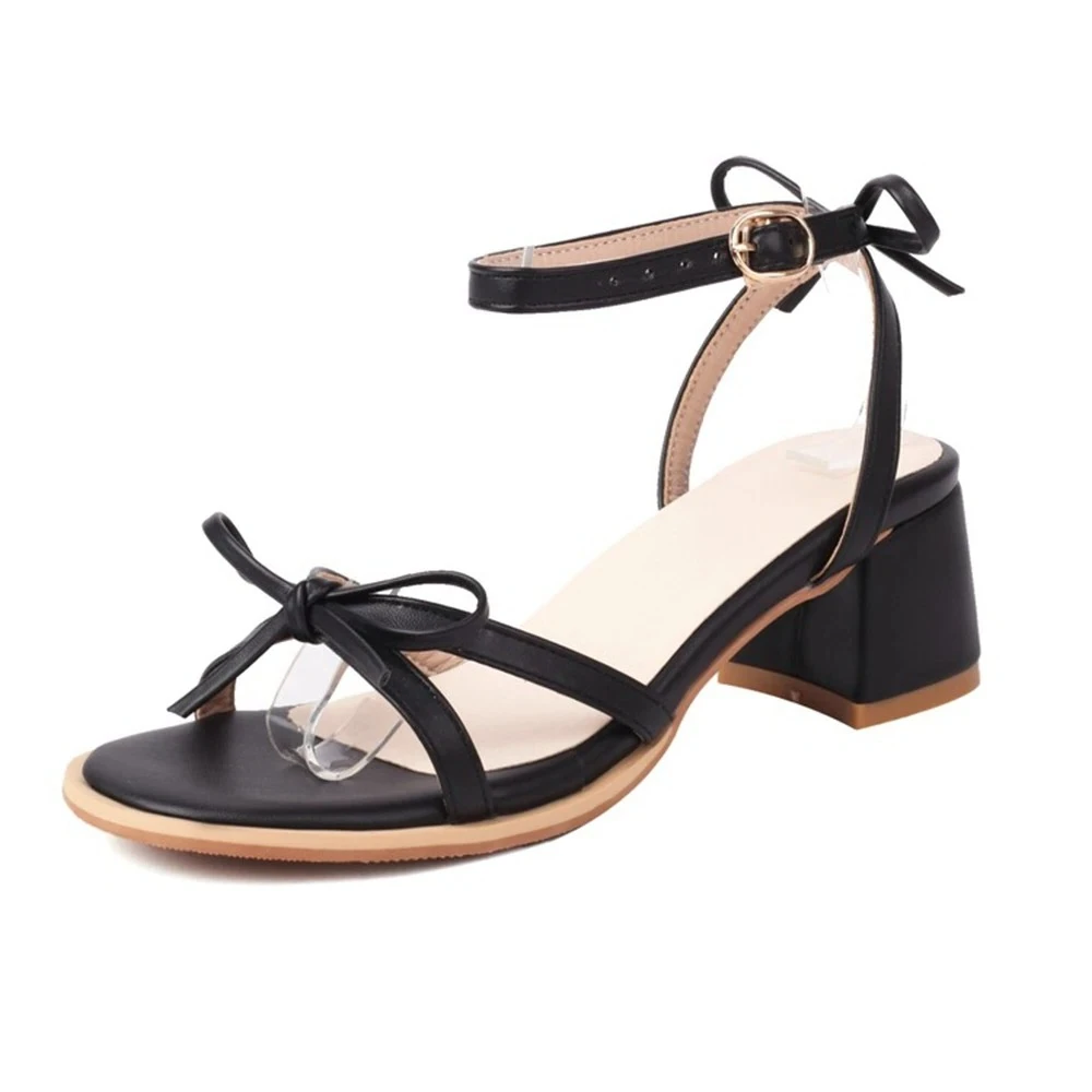 

Women Bow Tie Block Heel Sandals Microfiber Leather Ankle Strap Shoes 30-46 Large Size Black White Pink 5cm Heels H-36