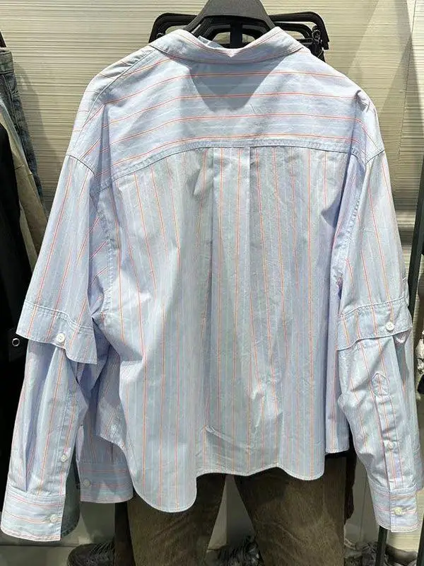 

Мужская модная свободная рубашка в полоску из смесового полиэстера и хлопка для весны и осени, новая трендовая модель