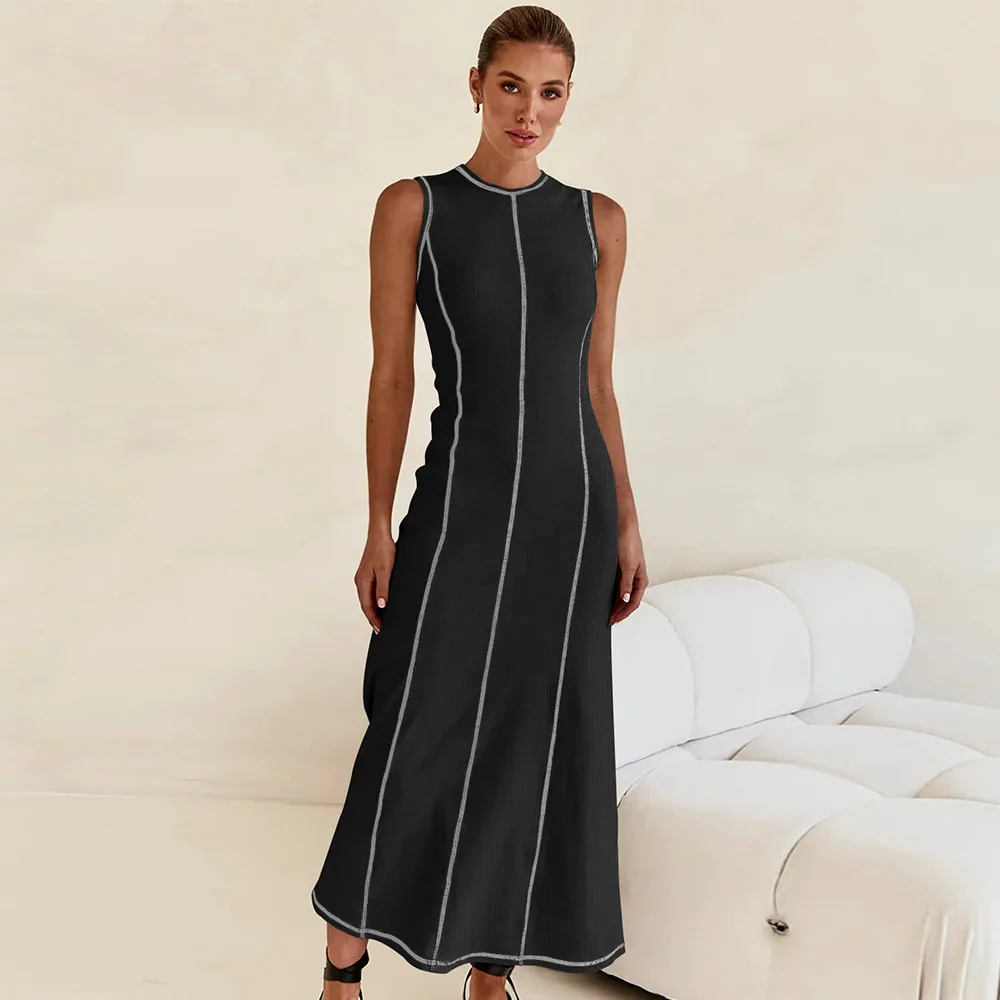 

2024 Stripe Splicing Elegant Women's O Neck Long Dress Fashion Sleeveless Knitting Maxi Robe Female Spring Chic Party Dresses