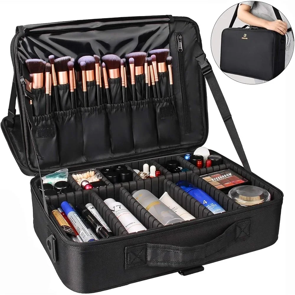 

Large Makeup Case Professional Travel Cosmetic Organizer Waterproof Brush Holder Adjustable Dividers Multiple Compartments Easy