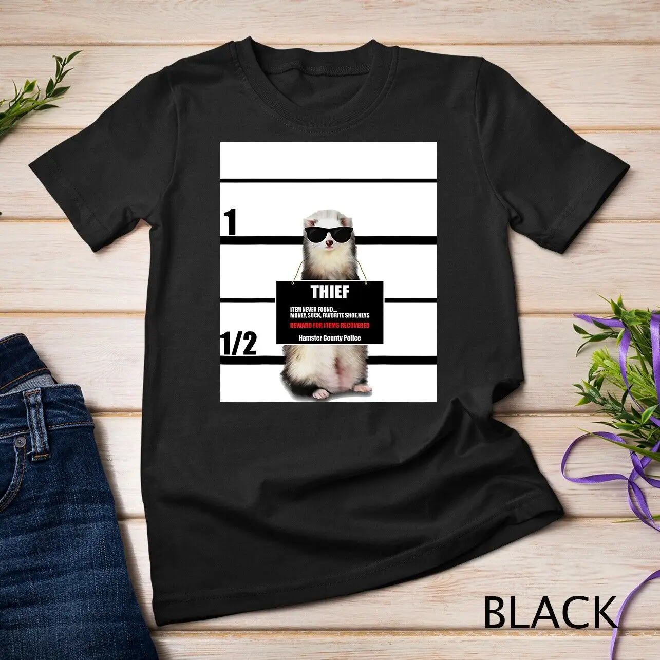 Pet Ferret Tee Funny Ferret, Thief, Mugshot, Gift T-Shirt Unisex T-shirt