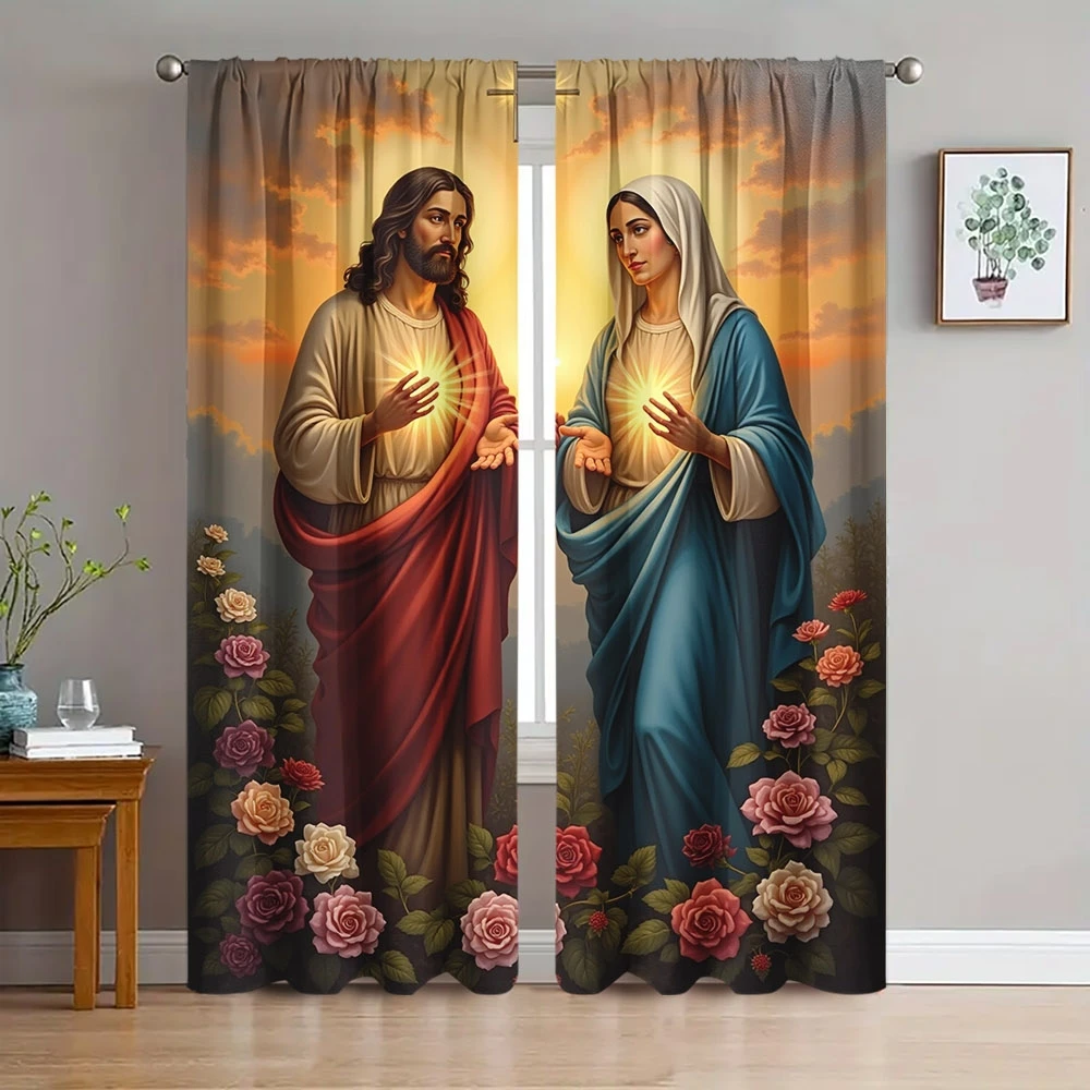 Dramatic Christian Religious Curtains Jesus and Mary Bible Art Floral Window Panels Gothic Home Decor Sanctuary Curtains for Bed