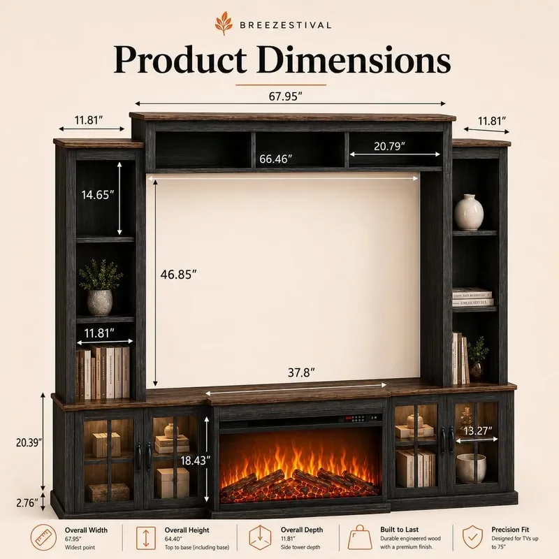 Farmhouse TV Stand with Fireplace Entertainment Center 98 Wall Unit Media Console with Bookshelf Cabinet Power Outle