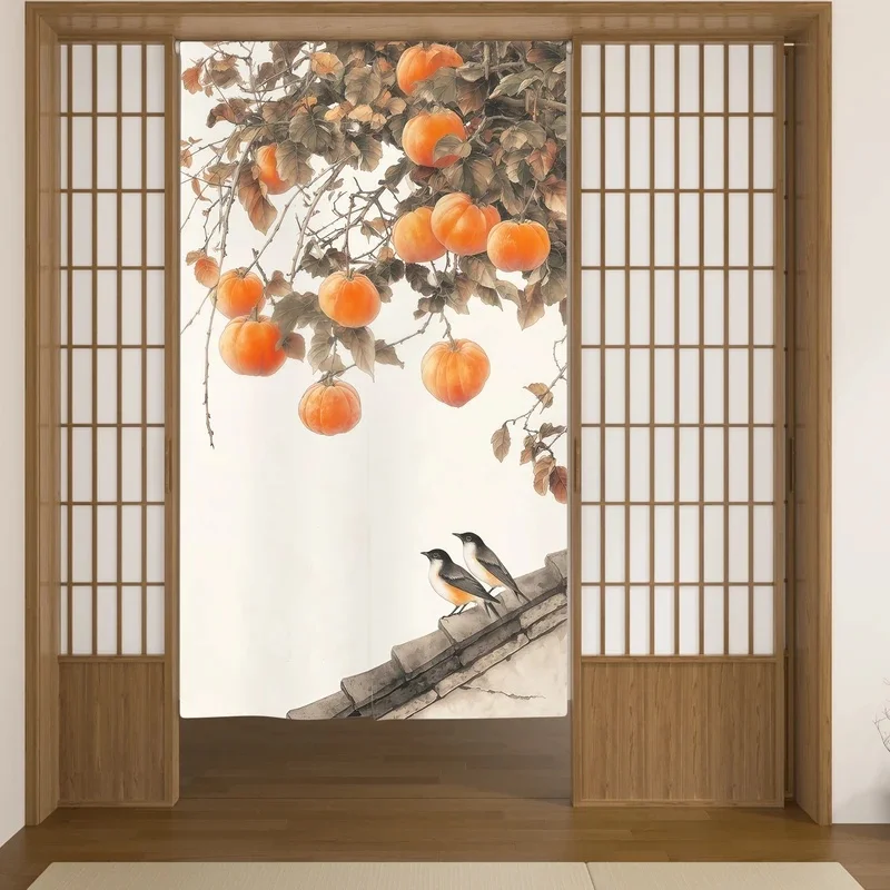 VIKAMA Traditional Chinese Painting Door Curtain Linen Texture Background Persimmon Bird Print Noren Curtain for Room Entrance