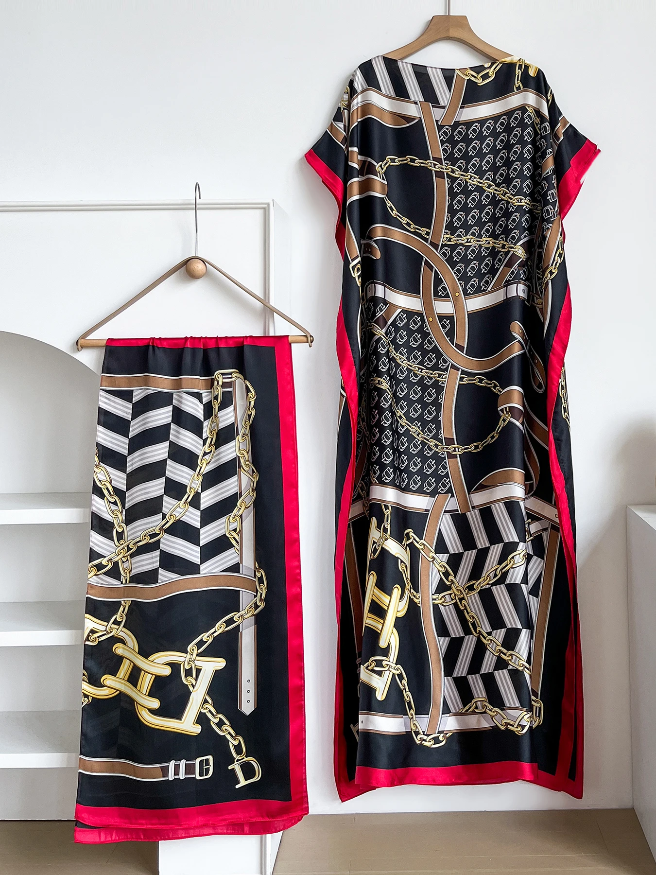 Popular Chain Print Boat Neck Modest Dress Elegant Batwing Sleeve Loose Maxi Dress With Hijab African Women's Clothing view 2