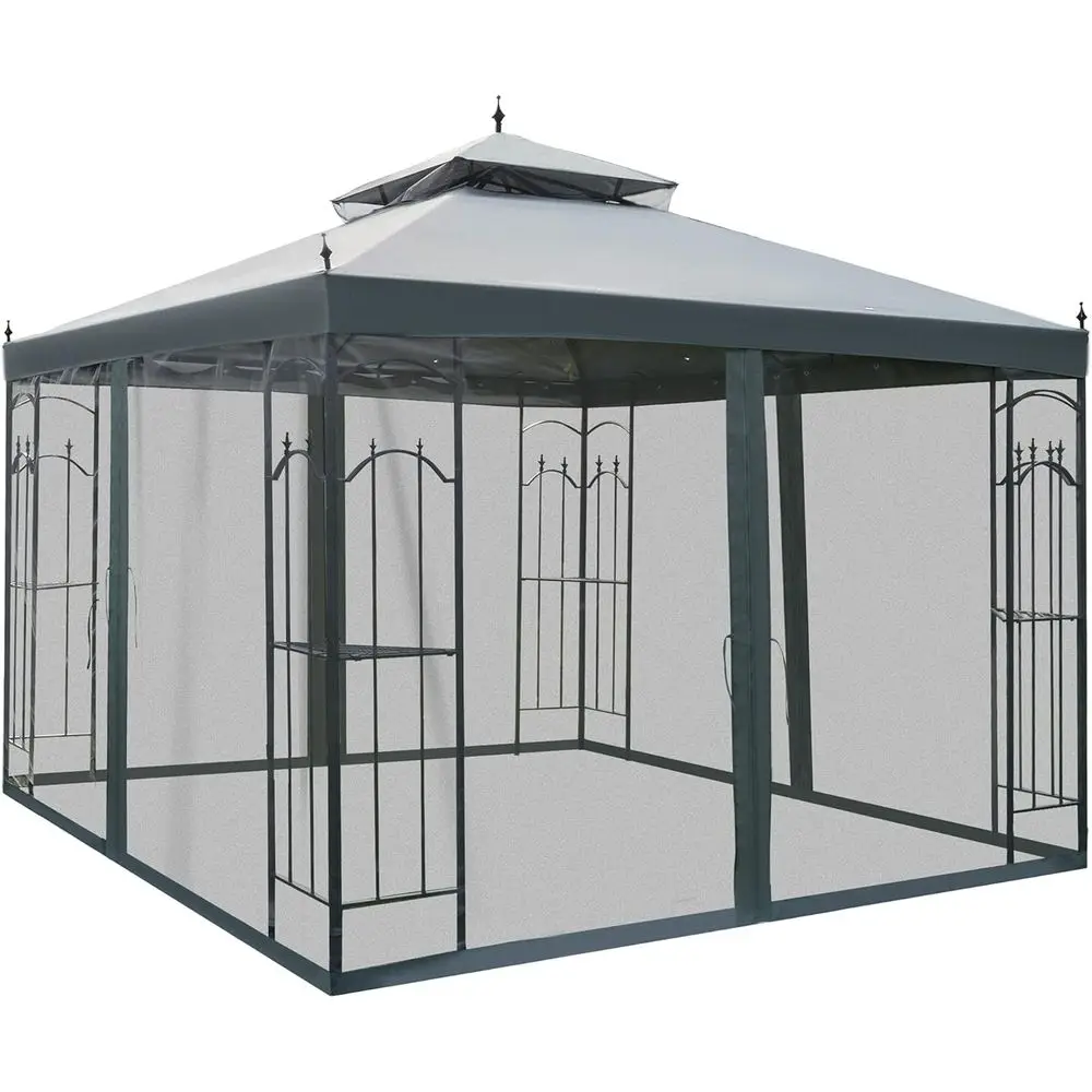 10' x 10' Gray Outdoor Gazebo with Shelves and Double Roof, Ideal for Patio, Weddings, and Events