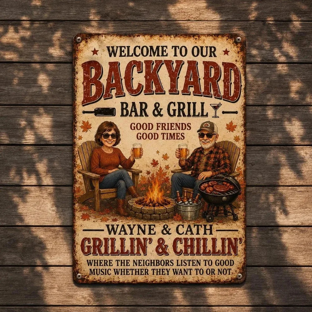 1pc Customizable Backyard Bar & Grill Metal Plaque, Personalized Names Vintage Distressed Wall Decor for Patio Outdoor Home (Dec