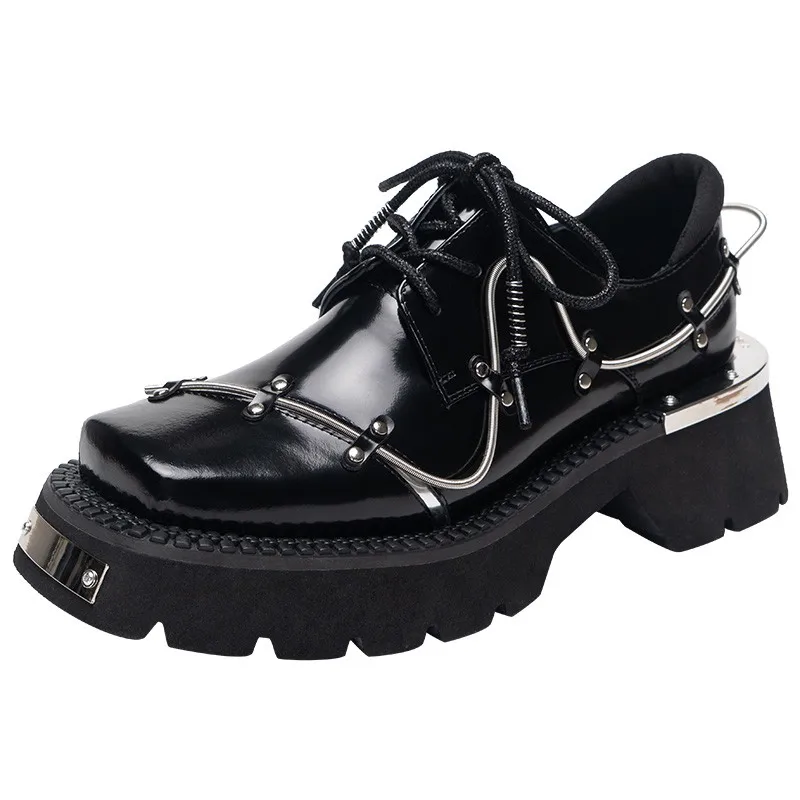 2023 kobiet Punk Style skórzane buty sznurowane obcas platformy kobiet Gothic botki PU metalowa ozdoba grube dno trampki