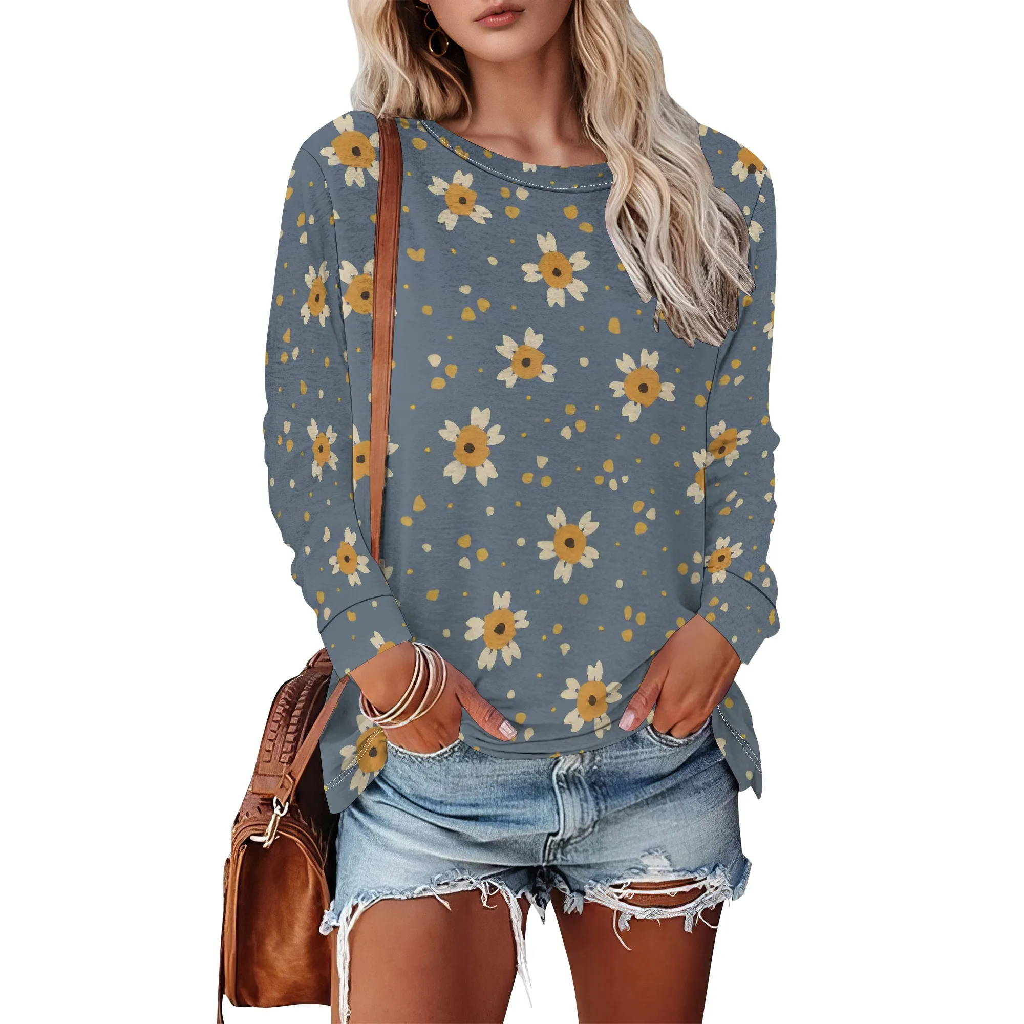 Womens Floral Print Long Sleeve Boho Sweatshirt Crew Neck Pullover Tops Country Style Spring Outing Sweatshirt