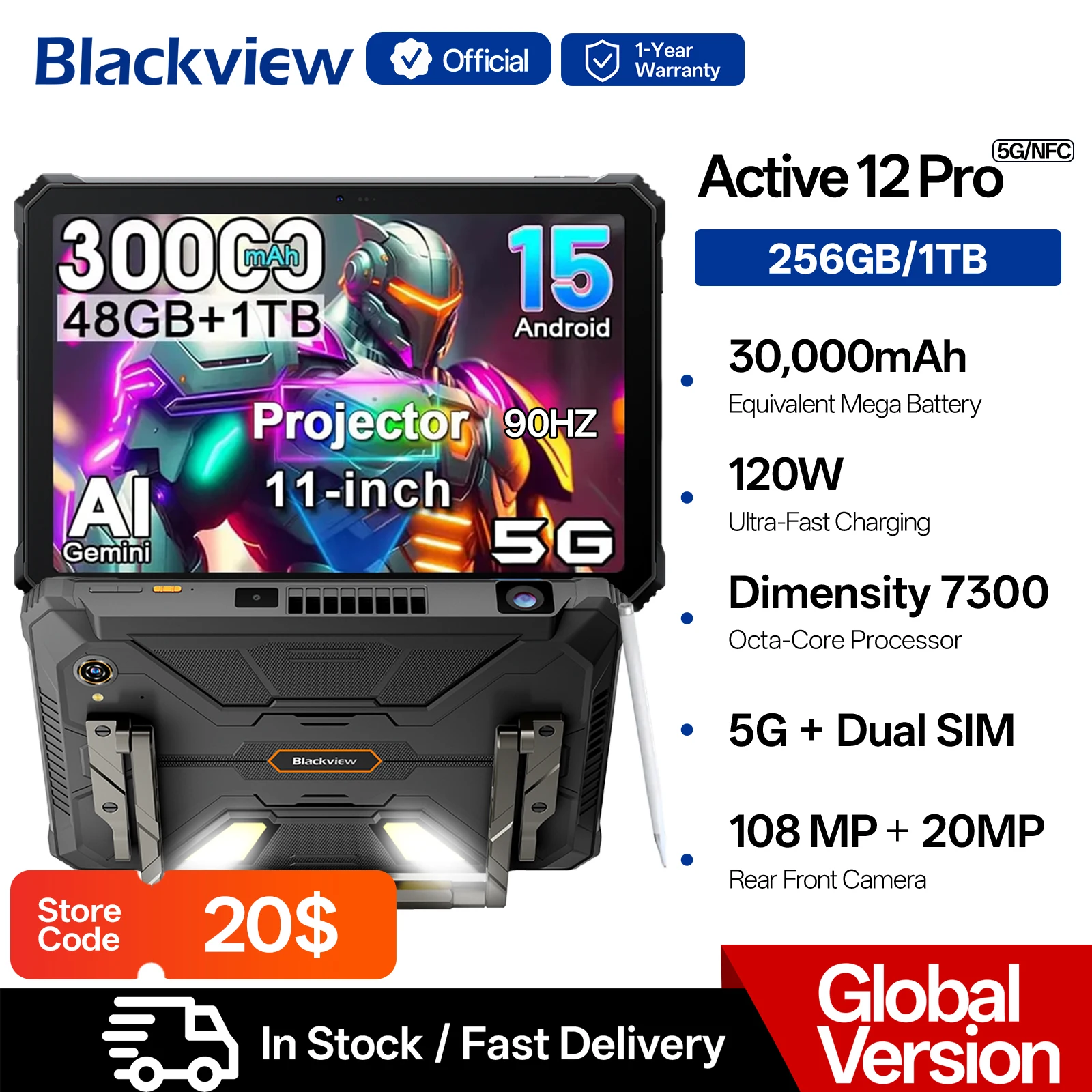 Blackview Active 12 Pro Robustes Projektor-Tablet 11" Android 15 5G Tablet Dimensity 7300 36GB RAM 256GB 30000mAh 120W