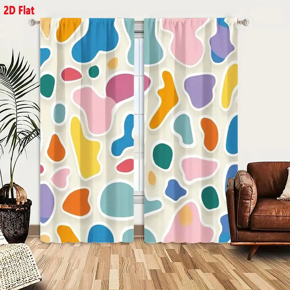 2Pcs Curtains 2D Flat Irregular Organic Shaped Blobs Pastel & Bright Colors Blue Pink Yellow Orange Green Purple With White Outl