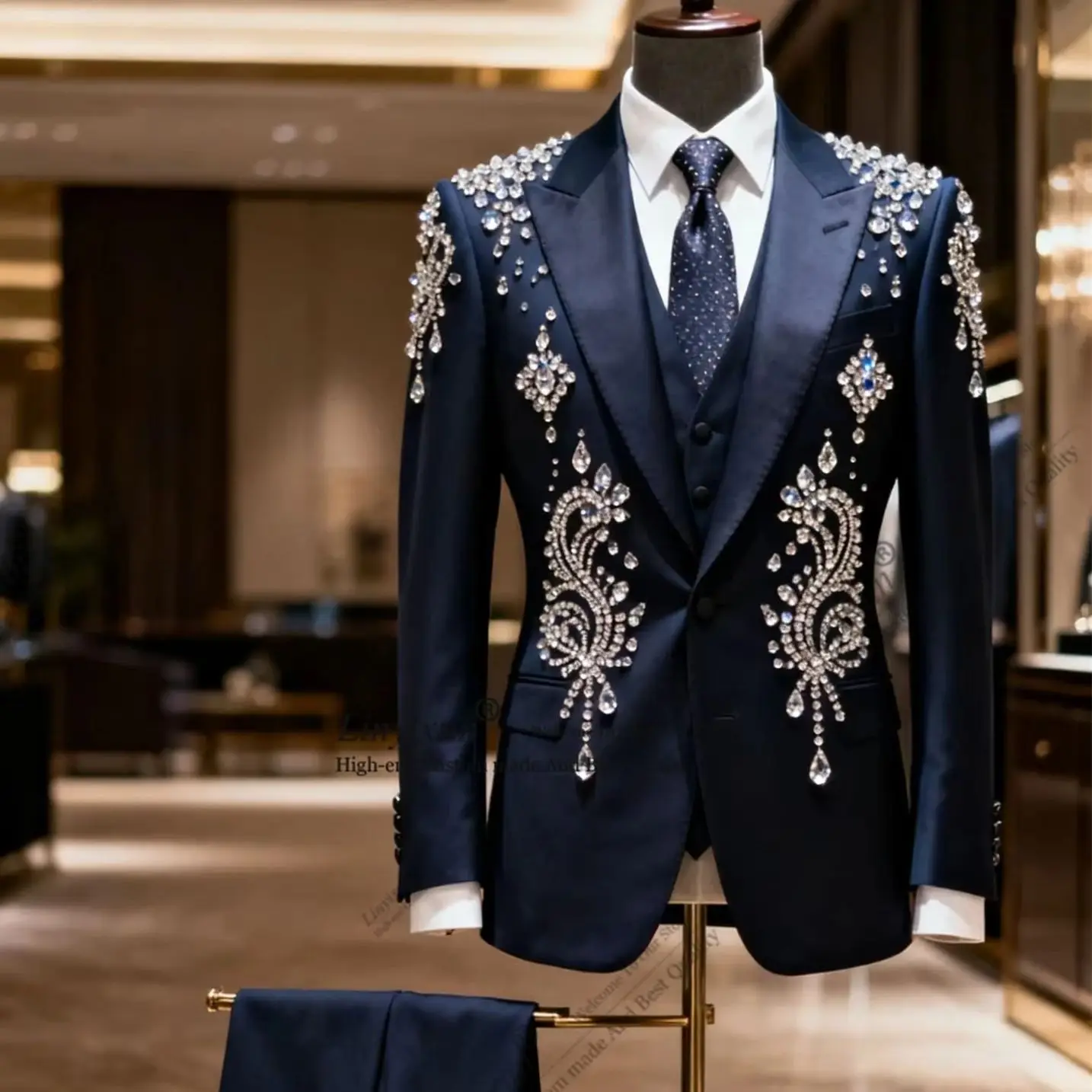 Formal Business Metal Embellished Beaded Men Suit Customized Peaked Lapel Groom Tuxedo 3 Piece Male Blazers Slim Costume Homme