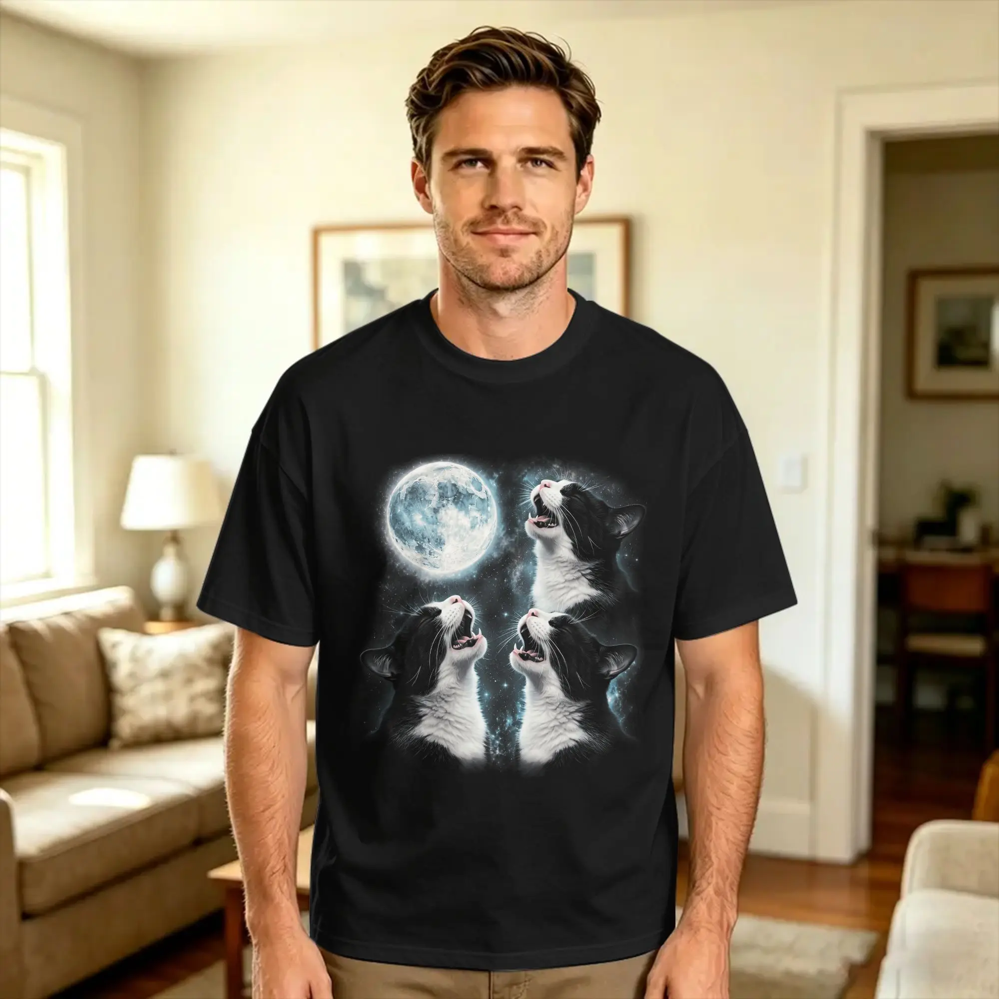Mens T-Shirt Tuxedo Cat Howling at Moon Retro T-Shirts Trending  Beach Tee Shirt Y2K Casual Cotton Clothing Gift Idea