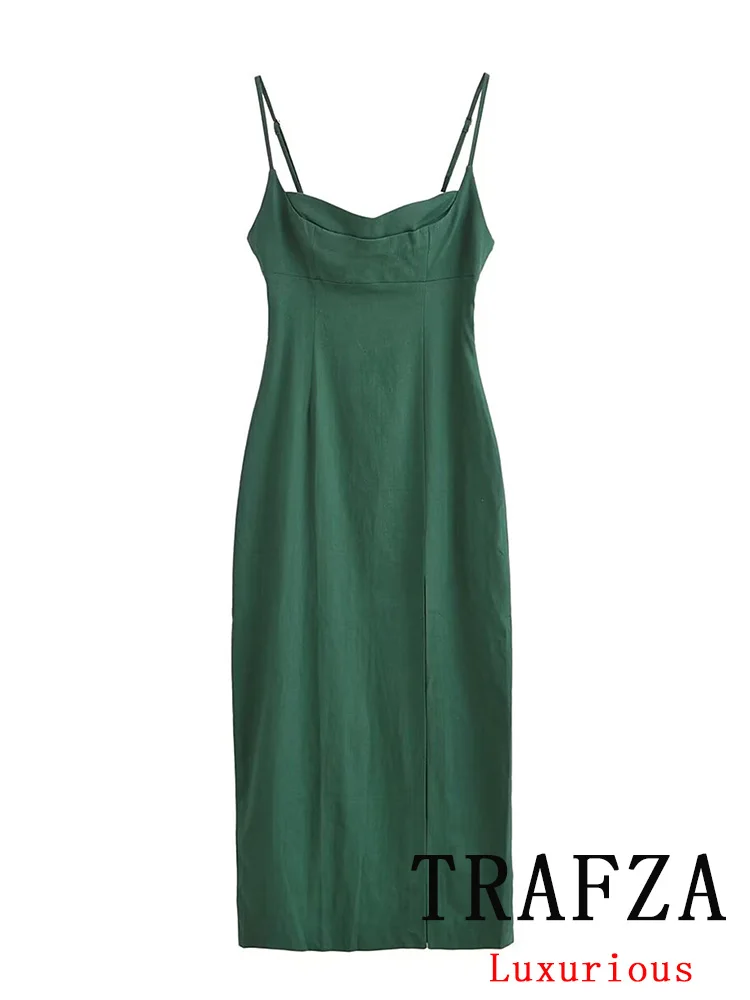 TRAFZA Vintage Casual Chic Women Dress Green SolidCami Backless Side Split Long Straight Dress New Fashion 2024 Summer Dress