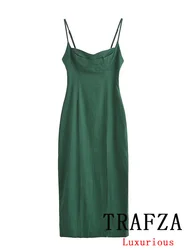 TRAFZA Vintage Casual Chic Women Dress Green SolidCami Backless Side Split Long Straight Dress New Fashion 2024 Summer Dress