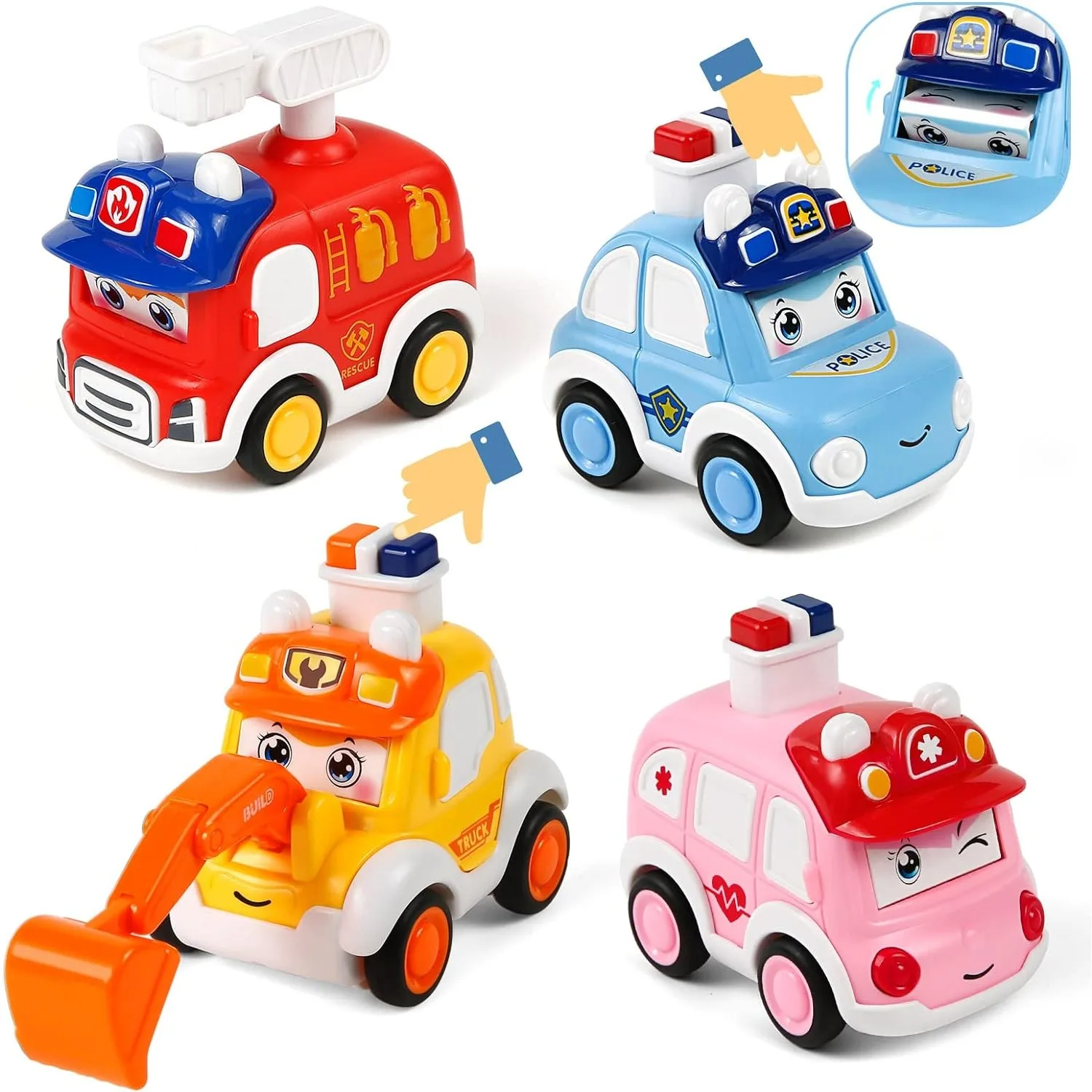 Baby Animal Car Toys Toddler Press and Go Vehicle Baby Toy Police Car Construction Truck Fire Truck Ambulance for Kids Boys Girl