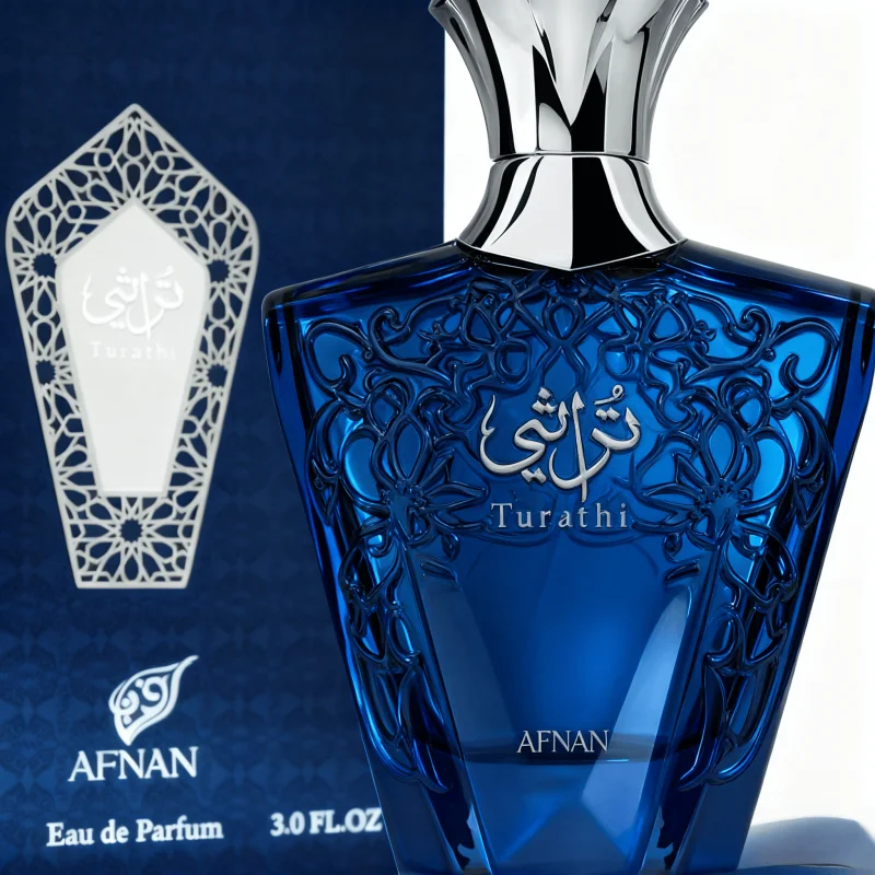 Afnan Turathi Blue Eau de Parfum Spray voor mannen, 3,0 Oz / 90 ml, luxe leerachtige citrusgeur, verfrissend en langdurig