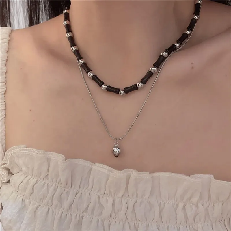 2 Pcs Vintage Peace Buckle Pendant Necklaces Natural Stone Beads Chains Choker Necklace Set Women Men Chinese Style Jewelry