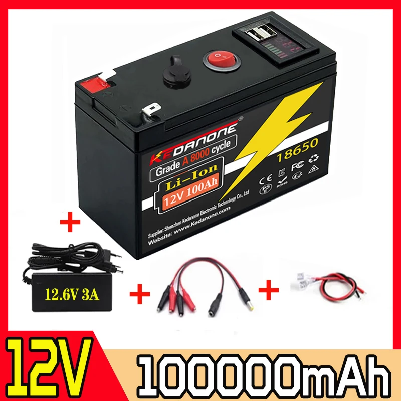 

12V Battery 120Ah 18650 lithium battery pack Rechargeable battery for solar energy electric vehicle battery+12.6v3A charger