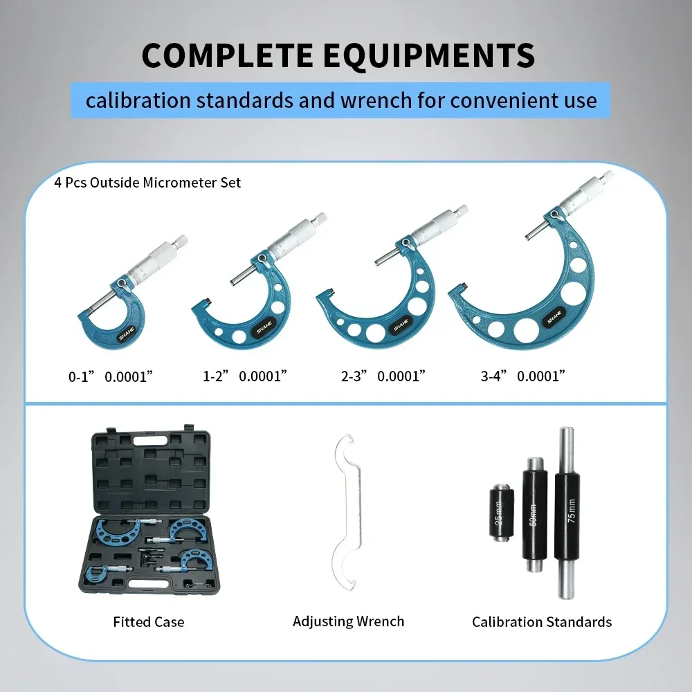 SHAHE 4pcs Outside Micrometer Set Machinist Tool 0-4