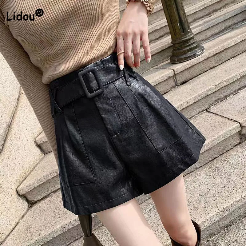 Autumn Winter Commute All-match A-Line Sashes Leather Shorts Fashionable Solid Color Loose High Waist Pants Women's Clothing